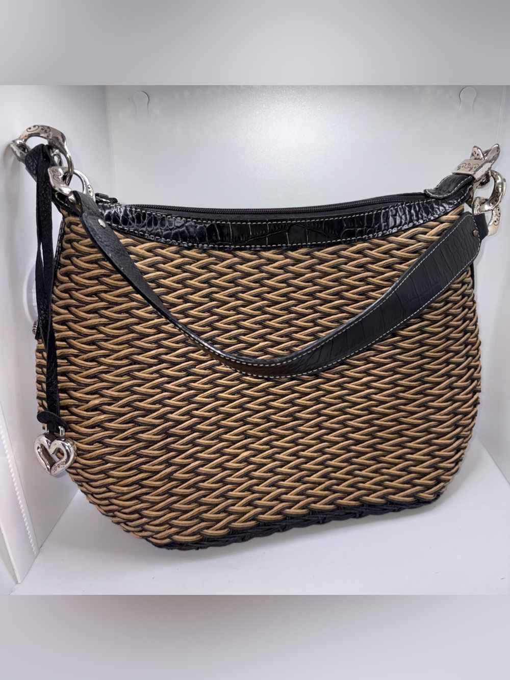 Brighton Edna Woven Straw Handbag Purse Leather Trim Natural Tan Black Bag Charm